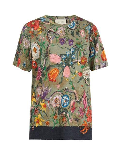 Matchesfashion.com Gucci - Flora Snake Print Linen Jersey T Shirt - Mens - Green Multi