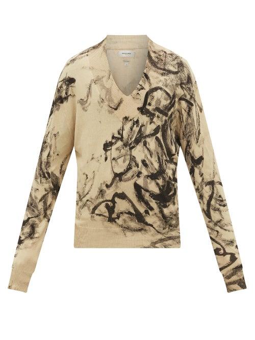 Matchesfashion.com Rochas - Marble-dyed V-neck Cotton-knit Sweater - Mens - Light Brown