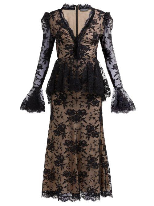 Matchesfashion.com Alexander Mcqueen - Sarabande Lace V Neck Peplum Dress - Womens - Black
