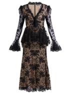 Matchesfashion.com Alexander Mcqueen - Sarabande Lace V Neck Peplum Dress - Womens - Black