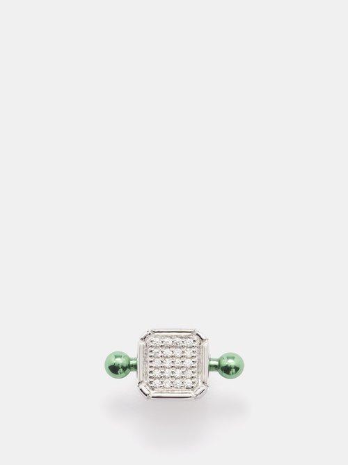 Era - Diamond & 18kt White Gold Single Earring - Womens - Green Multi