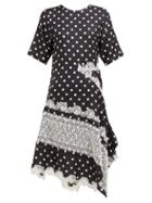 Matchesfashion.com Koch - Asymmetric Patchwork Polka Dot And Lace Midi Dress - Womens - Black White