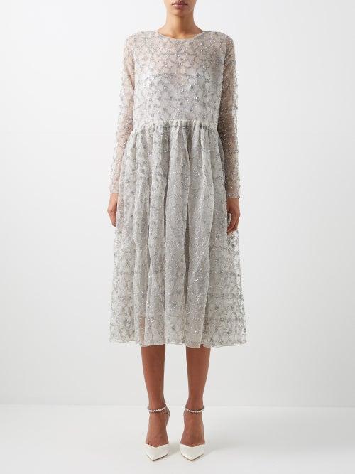 Ashish - Sequinned Silk-organza Midi Dress - Womens - White Silver