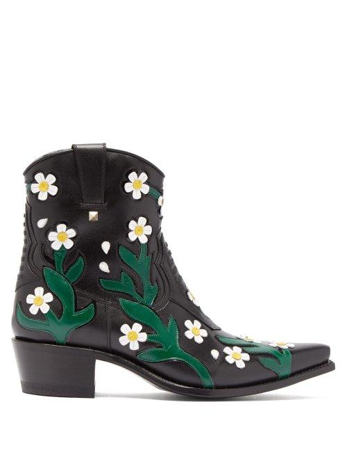 Matchesfashion.com Valentino - Ranch Daisy Floral Appliqu Western Leather Boots - Womens - Black Multi