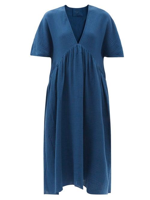 Matchesfashion.com Loup Charmant - Riva V-neck Cotton-gauze Midi Dress - Womens - Navy