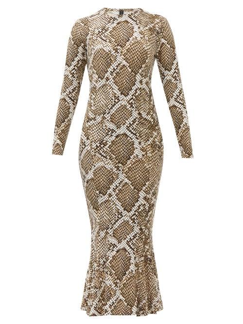 Matchesfashion.com Norma Kamali - Snake Print Fluted Jersey Midi Dress - Womens - Grey Print