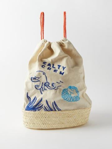 Kilometre Paris - Salty Crew Embroidered Wool And Straw Bucket Bag - Womens - Beige Multi