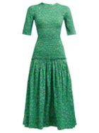 Matchesfashion.com Rhode - Zola Shirred Floral Print Cotton Dress - Womens - Green Print