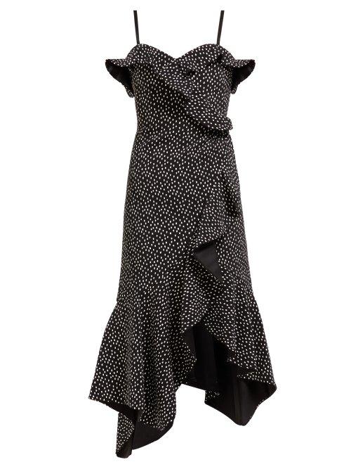 Matchesfashion.com Jonathan Simkhai - Polka Dot Print Off The Shoulder Midi Dress - Womens - Black White