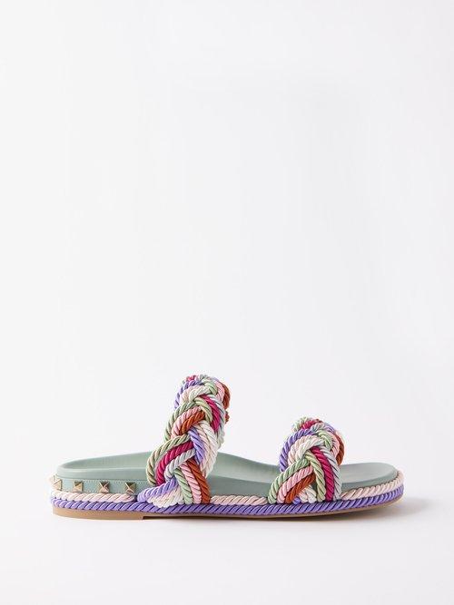 Valentino Garavani - Rockstud Braided-satin Slides - Womens - Blue Multi
