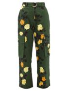 Matchesfashion.com Msgm - Belted Rose-print Cotton Cargo Trousers - Womens - Green