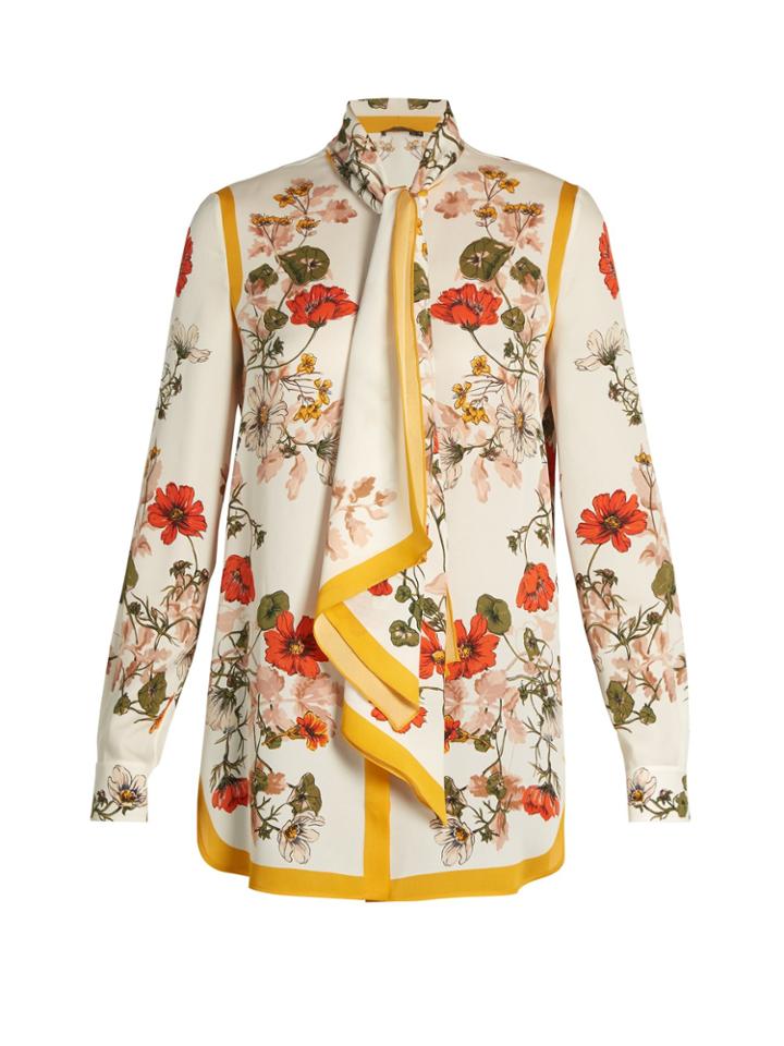 Alexander Mcqueen Tie-neck Floral-print Crepe Blouse