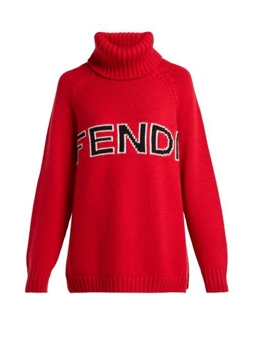 Matchesfashion.com Fendi - Logo Intarsia Wool Roll Neck Sweater - Womens - Red