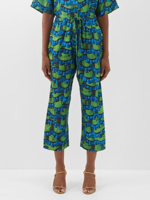 La Doublej - Liberace-print Silk-twill Drawstring Trousers - Womens - Green Print