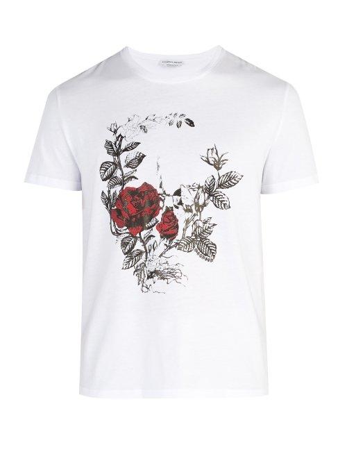 Matchesfashion.com Alexander Mcqueen - Rose Printed Cotton Jersey T Shirt - Mens - White Multi