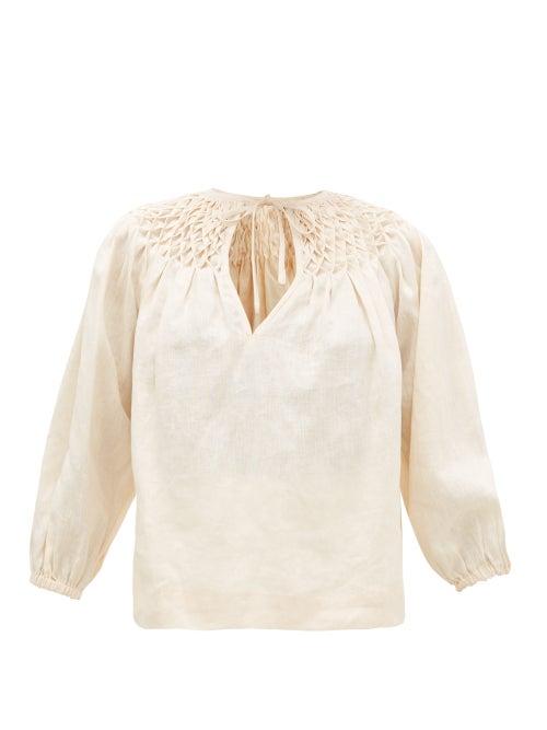 Matchesfashion.com Innika Choo - Hope Filthorts Smocked Linen-poplin Blouse - Womens - Light Yellow