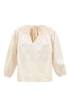 Matchesfashion.com Innika Choo - Hope Filthorts Smocked Linen-poplin Blouse - Womens - Light Yellow