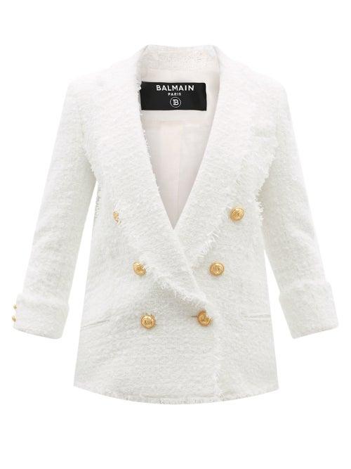 Ladies Rtw Balmain - Double-breasted Raw-edge Boucl Jacket - Womens - White