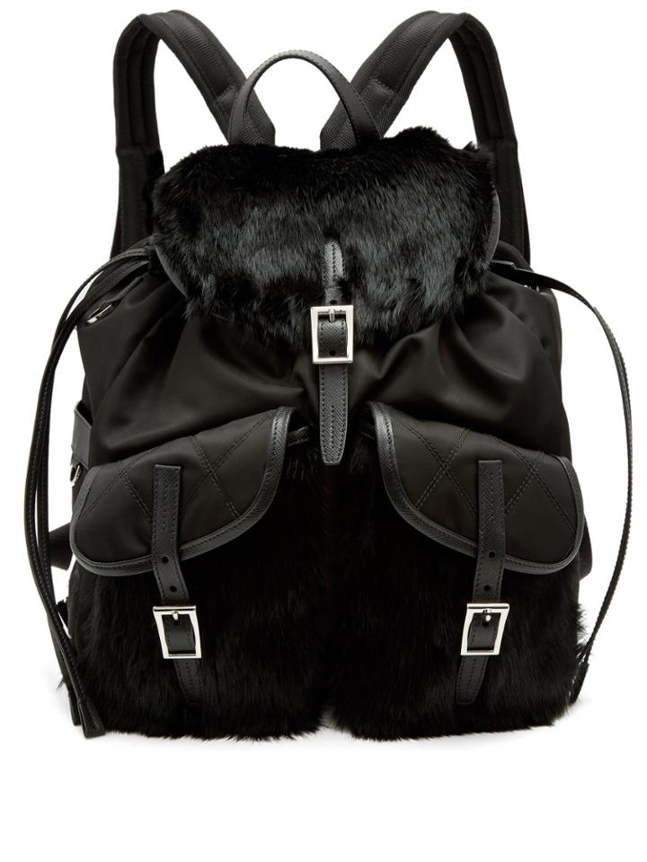 Prada Small Fox-fur Trimmed Nylon Backpack