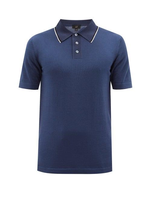 Dunhill - Contrast-tipped Knitted Cotton Polo Shirt - Mens - Blue