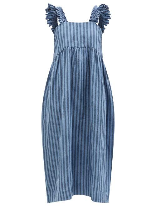 Ladies Rtw Cawley Studio - Irish Hand-smocked Striped Linen Midi Dress - Womens - Blue Multi