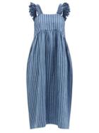 Ladies Rtw Cawley Studio - Irish Hand-smocked Striped Linen Midi Dress - Womens - Blue Multi