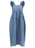 Ladies Rtw Cawley Studio - Irish Hand-smocked Striped Linen Midi Dress - Womens - Blue Multi