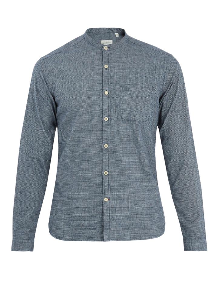 Oliver Spencer Grandad-collar Micro-checked Cotton Shirt