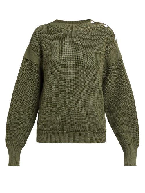 Matchesfashion.com Moncler - Button Trim Ribbed Knit Cotton Sweater - Womens - Dark Green