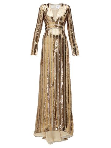 Matchesfashion.com Galvan - Stardust Plunge Neck Sequinned Gown - Womens - Gold