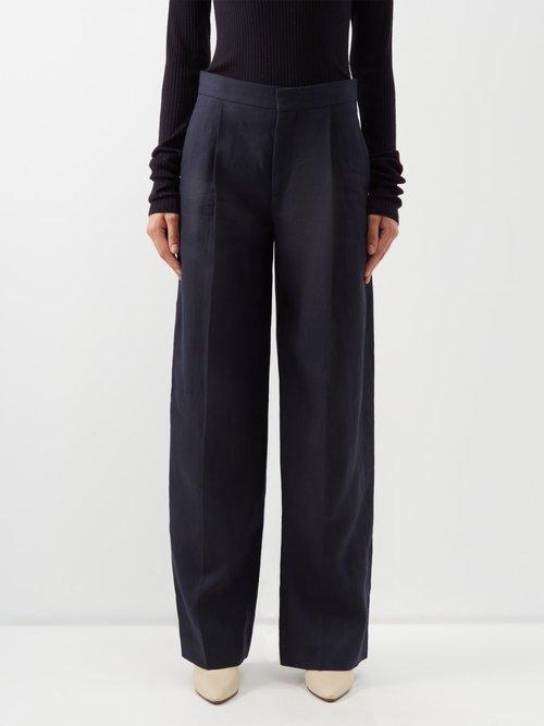 Chlo - Linen-drill Wide-leg Trousers - Womens - Navy