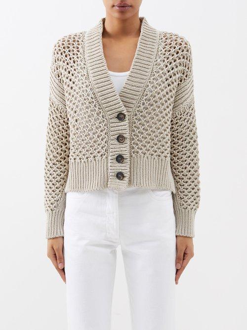 Brunello Cucinelli - Open-knit Cotton Cropped Cardigan - Womens - Beige