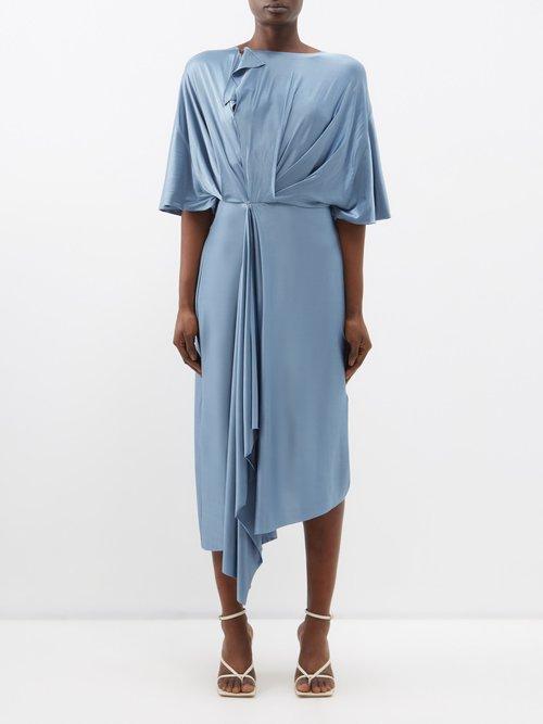 Victoria Beckham - Gathered Satin Midi Dress - Womens - Blue Grey