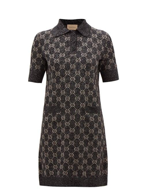 Gucci - Gg-monogram Metallic Cotton-blend Polo Dress - Womens - Black