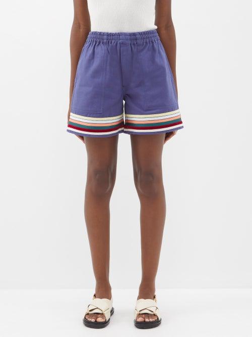 Bode - Ribbon-appliqu Cotton-twill Shorts - Womens - Blue Multi