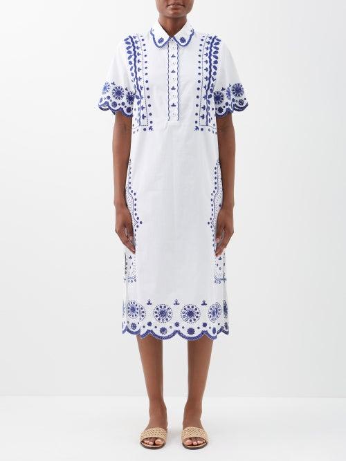 Saloni - Dree Embroidered Cotton-poplin Dress - Womens - White Blue