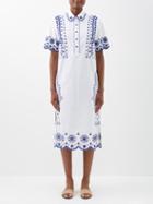 Saloni - Dree Embroidered Cotton-poplin Dress - Womens - White Blue