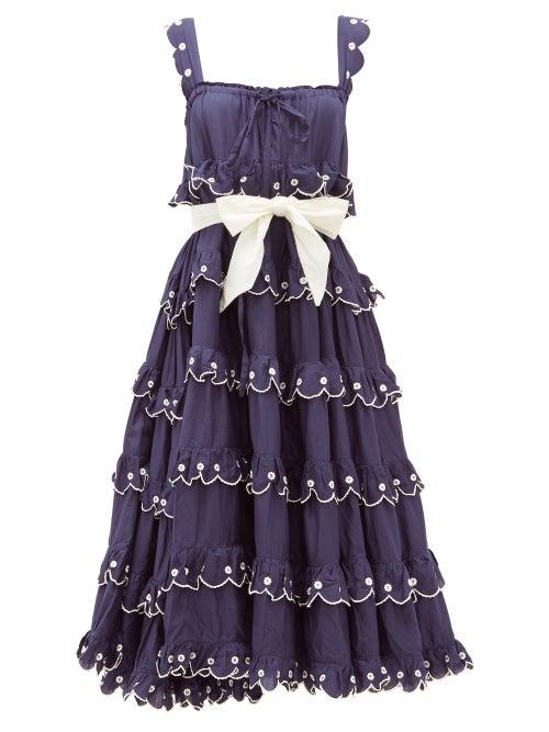 Matchesfashion.com Innika Choo - Iva Biigdres Tiered Embroidered Cotton Midi Dress - Womens - Navy
