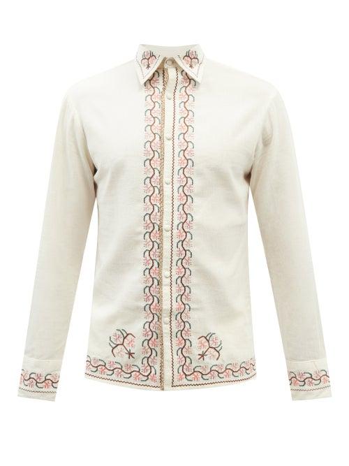 73 London - Floral-embroidered Cotton-blend Canvas Shirt - Mens - White Multi