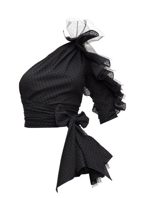 Matchesfashion.com Alexandre Vauthier - Ruffled One-shoulder Swiss-dot Top - Womens - Black