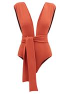 Matchesfashion.com Haight - Roge Cap-sleeve Waist-tie Swimsuit - Womens - Dark Orange