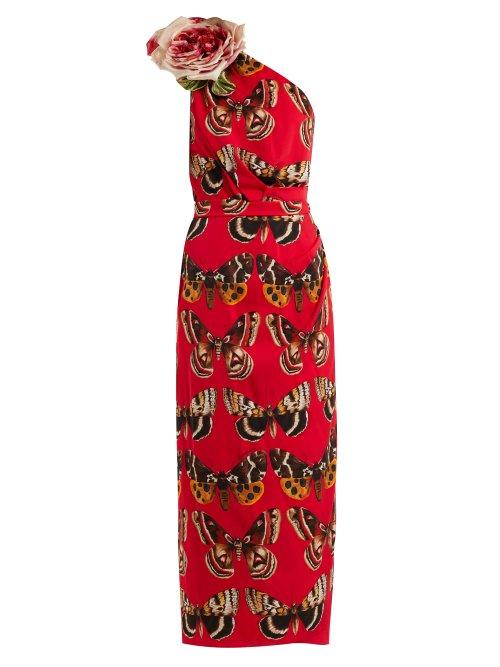 Matchesfashion.com Dolce & Gabbana - Rose Motif Butterfly Print Silk Charmeuse Dress - Womens - Red Print
