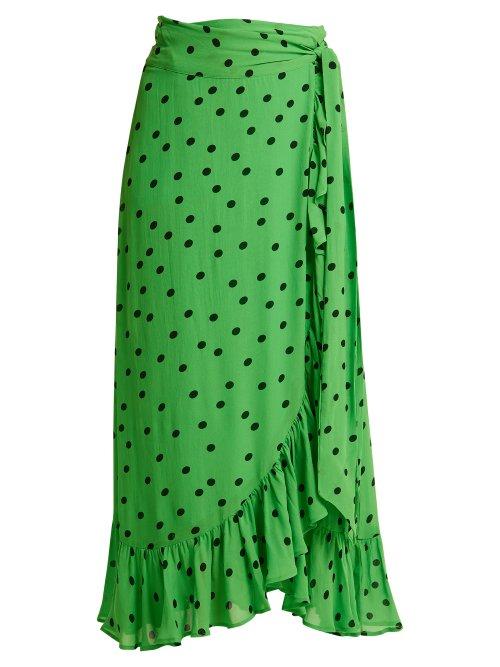 Matchesfashion.com Ganni - Dainty Polka Dot Print Wrap Front Skirt - Womens - Green
