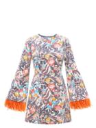 La Doublej - Spock Feather-trim Cotton-blend Mini Dress - Womens - White Multi