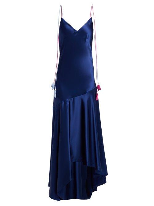 Matchesfashion.com Anna October - Tassel Tie Asymmetric Satin Midi Dress - Womens - Navy