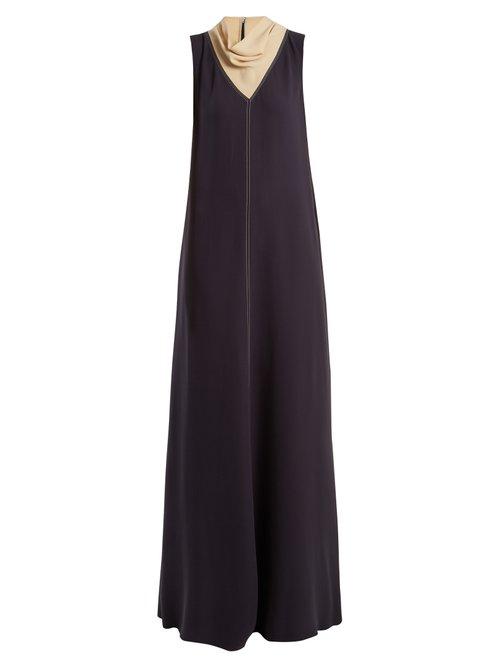 Matchesfashion.com Valentino - Cowl Neck Contrast Stitch Silk Cady Gown - Womens - Navy