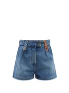 Ladies Rtw Loewe - High-rise Leather-trim Pleated Denim Shorts - Womens - Denim