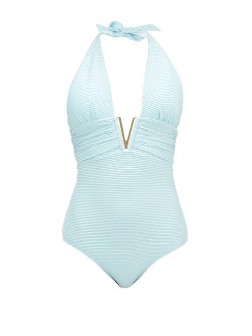Matchesfashion.com Heidi Klein - Marseille V-bar Ribbed Swimsuit - Womens - Light Blue