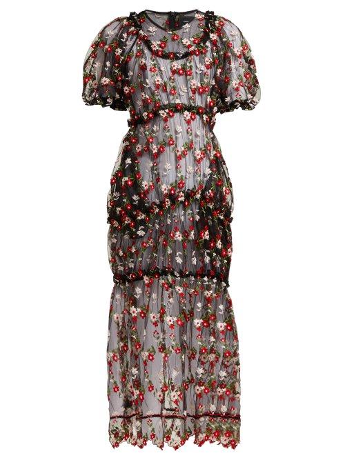 Matchesfashion.com Simone Rocha - Floral Embroidered Tulle Midi Dress - Womens - Black Multi