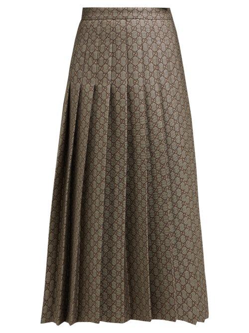 Matchesfashion.com Gucci - Gg Monogram Pleated Cotton Blend Midi Skirt - Womens - Grey Multi